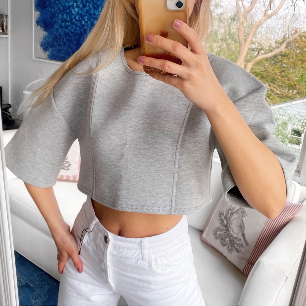 🐚 ZARA GREY SHORT SLEEVE PLUSH LOOSE FIT CROPPED WORKOUT TOP! - Picture 16 of 16